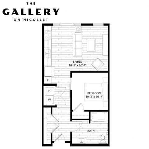 Floor plan for 1 bed, 1 bath, 658 sqft